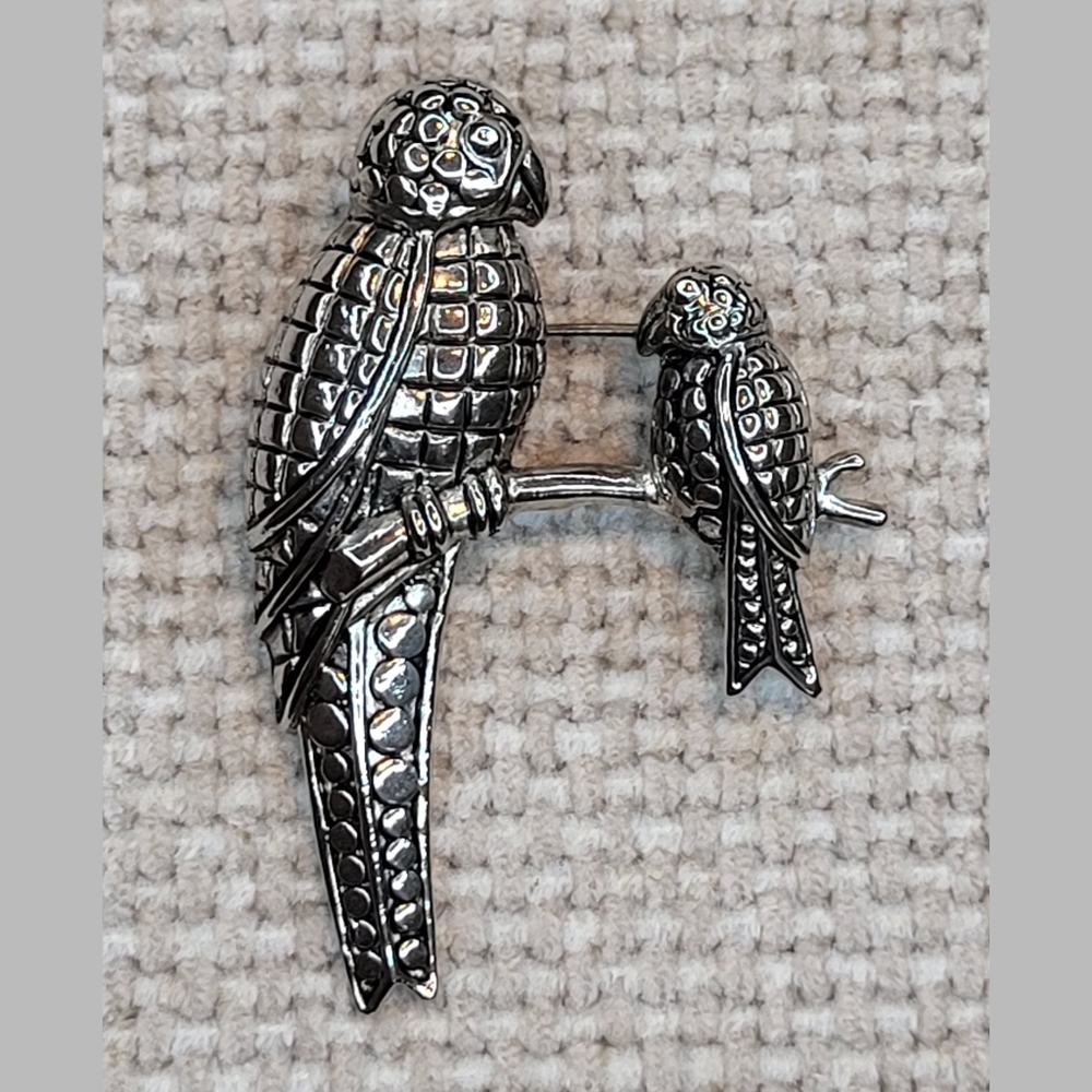 Vintage Silver Toned Two Parrot Birds On Branch Brooch Pin